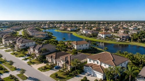 Aerial drone view of a master-planned Florida HOA community with tile roofs and neighborhood retention pond