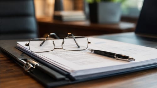 Close-up of corporate policy documents, glasses, and a pen on an office desk ready for an insurance coverage review