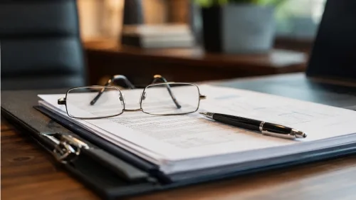 Close-up of corporate policy documents, glasses, and a pen on an office desk ready for an insurance coverage review